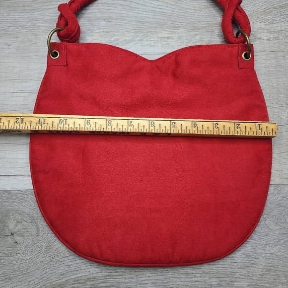 VINTAGE Escada Red Velvet Bronze Logo Sweetheart Knotted Strap Handbag - Picture 9 of 11